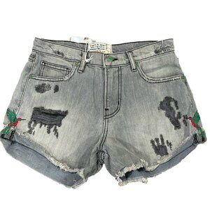Sandrine Rose NWT hummingbird embroidered denim jean grey shorts “the short” 25